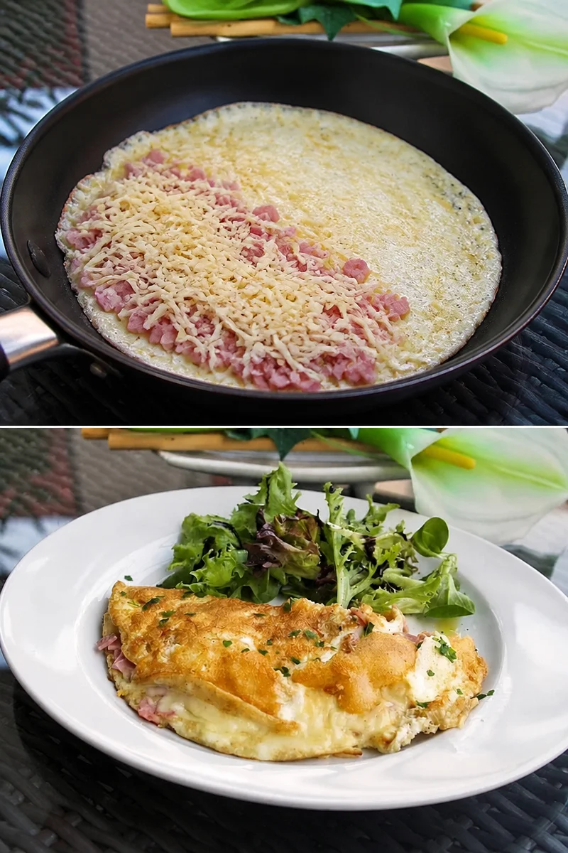Omelette mit Schinken und Käse auf einem Teller serviert