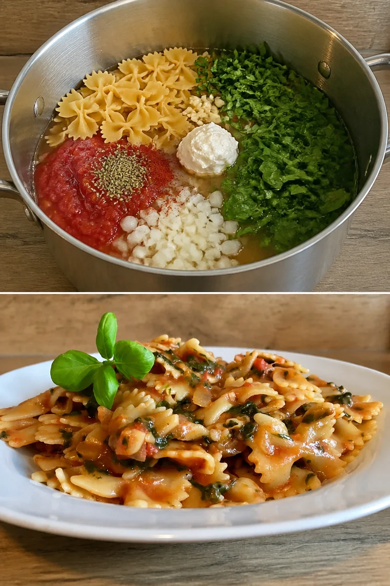 Eine köstliche One Pot Pasta in einem Topf zubereitet mit frischen Zutaten