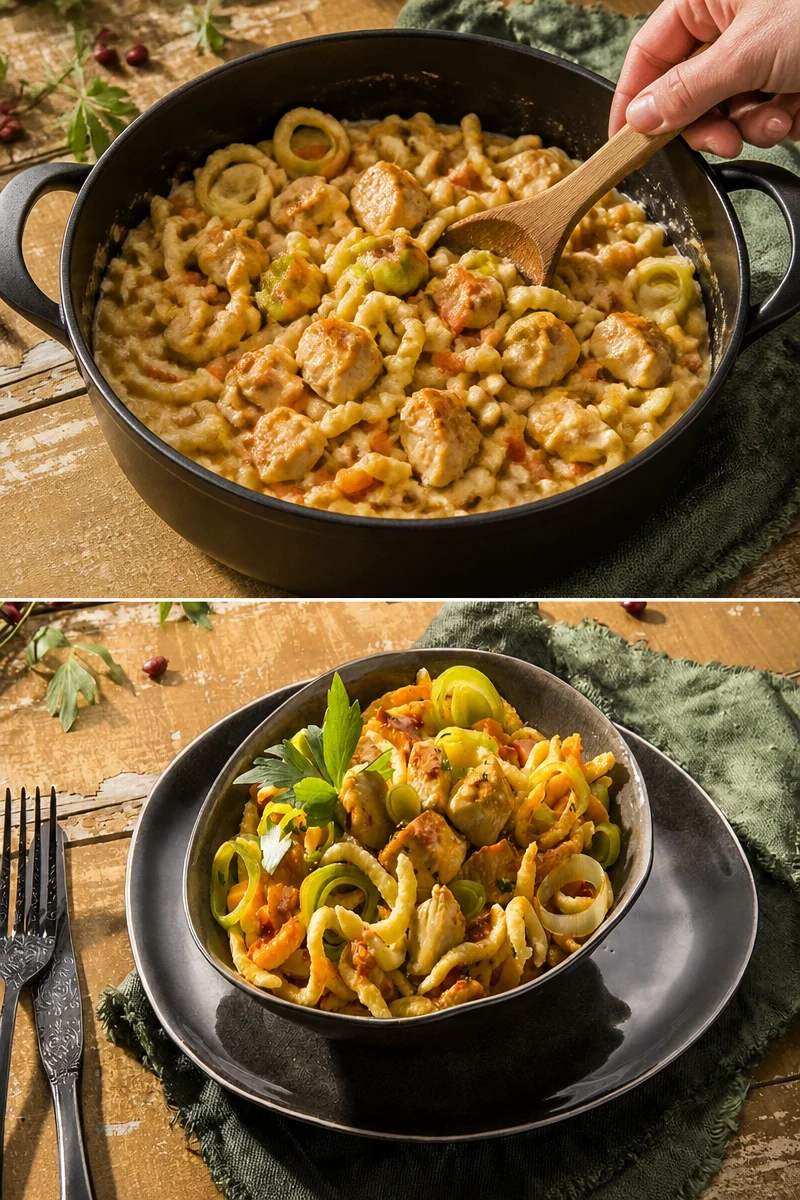 One-Pot-Spätzle mit Hähnchen auf einem Teller serviert