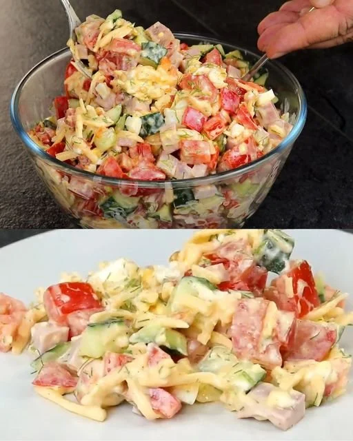 Frischer Paprika Gouda Salat mit buntem Gemüse und würzigen Käsestücken
