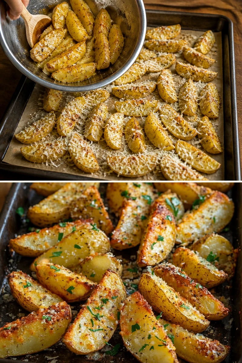 Ofenfrische Parmesan Kartoffeln, knusprig und unwiderstehlich lecker.