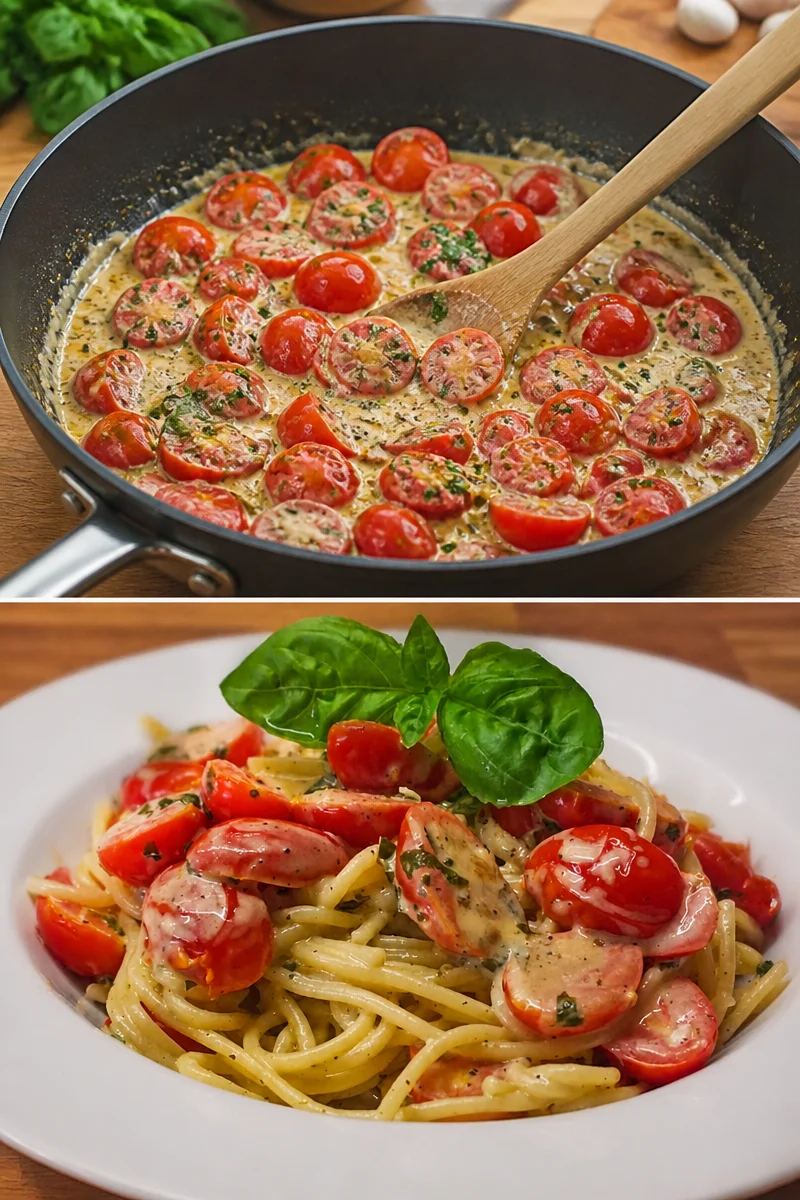 Pasta mit marinierten Kirschtomaten und Frischkäse auf einem Teller serviert