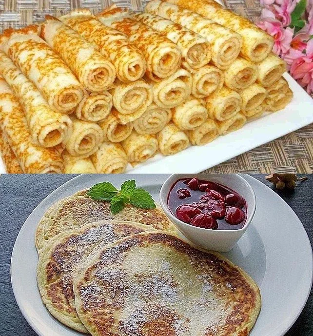 Leckere Pfannkuchen auf einem Teller, mit frischen Früchten garniert