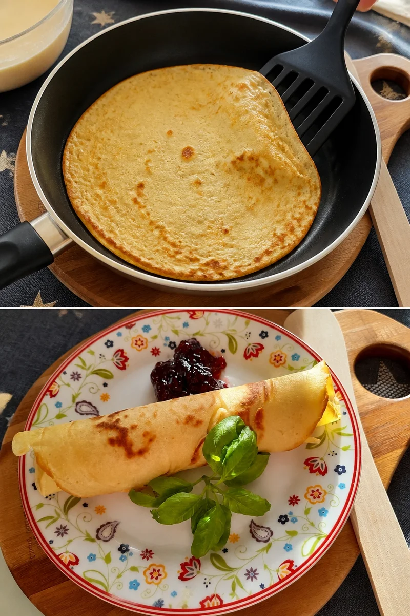 Leckere Pfannkuchen mit frischen Früchten und Sirup