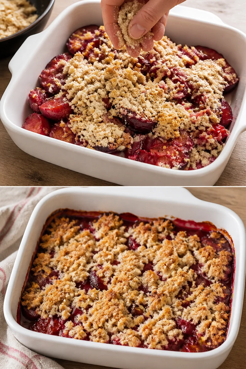Leckere Portion Pflaumen-Crumble mit frischen Pflaumen und knusprigem Topping