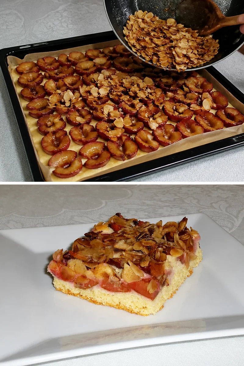 Leckerer Pflaumenblechkuchen auf einem Backblech, perfekt für Naschkatzen