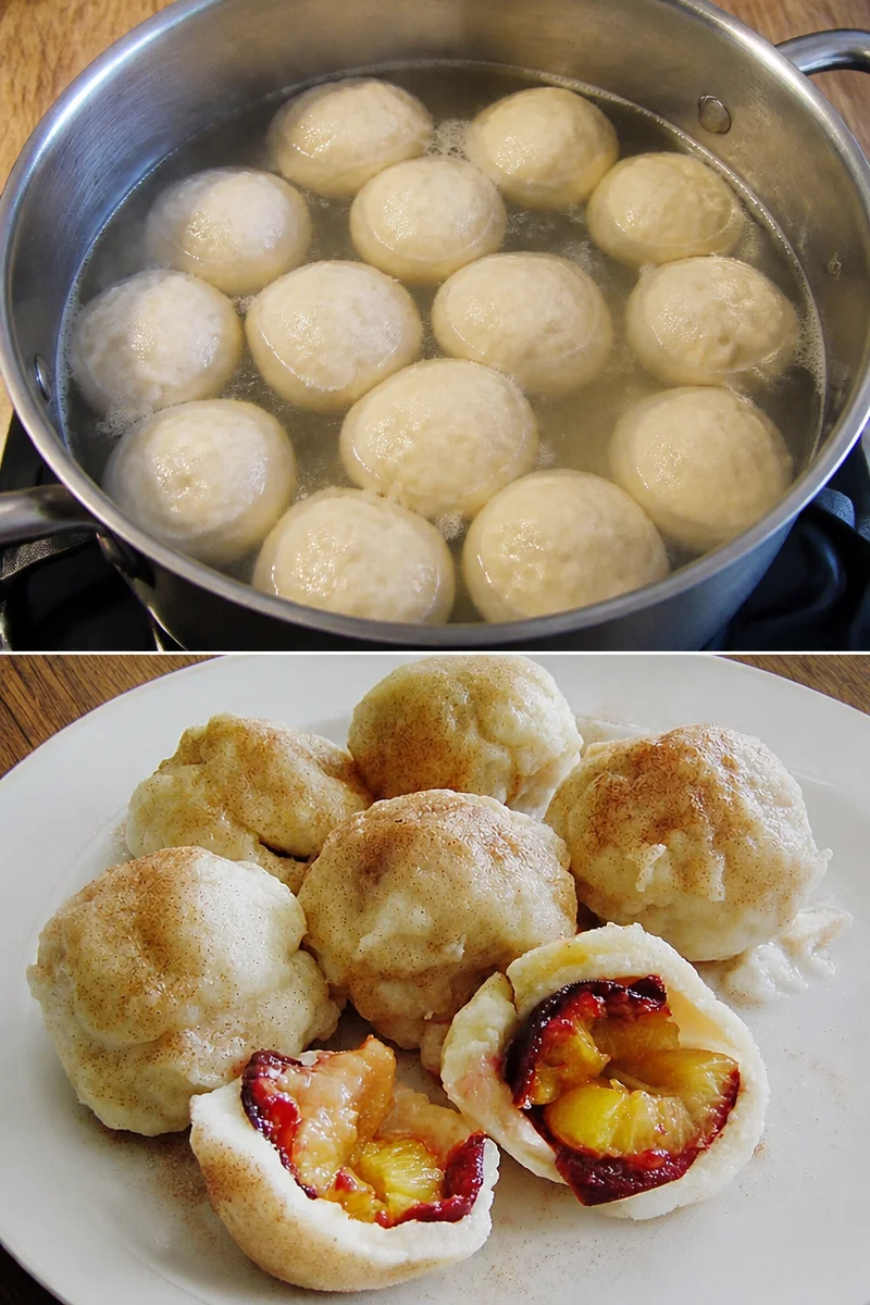 Leckere Pflaumendumplings frisch serviert auf einem Teller