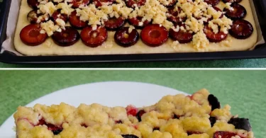 Pflaumenhefekuchen mit Streuseln auf einem Teller serviert