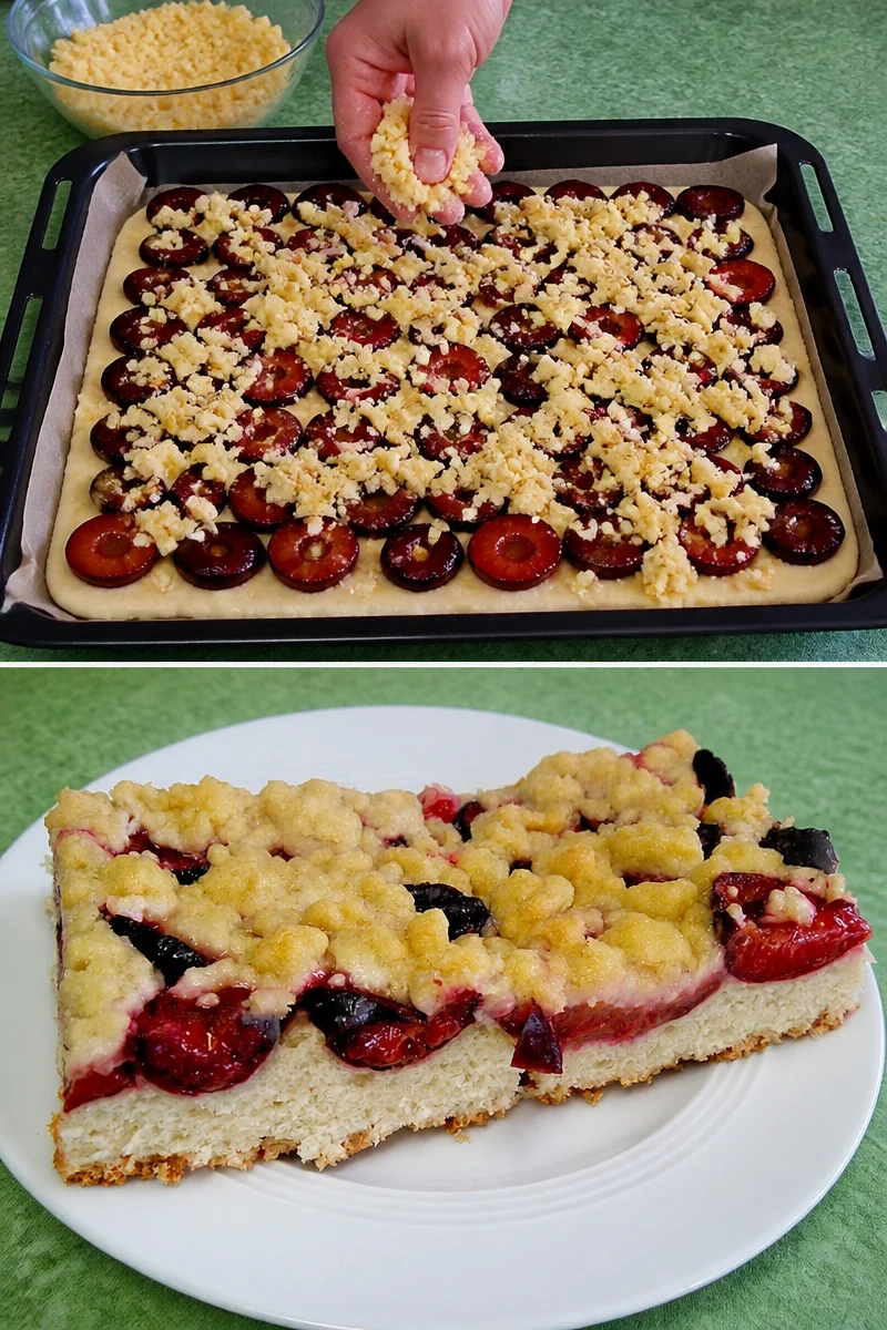 Pflaumenhefekuchen mit Streuseln auf einem Teller serviert