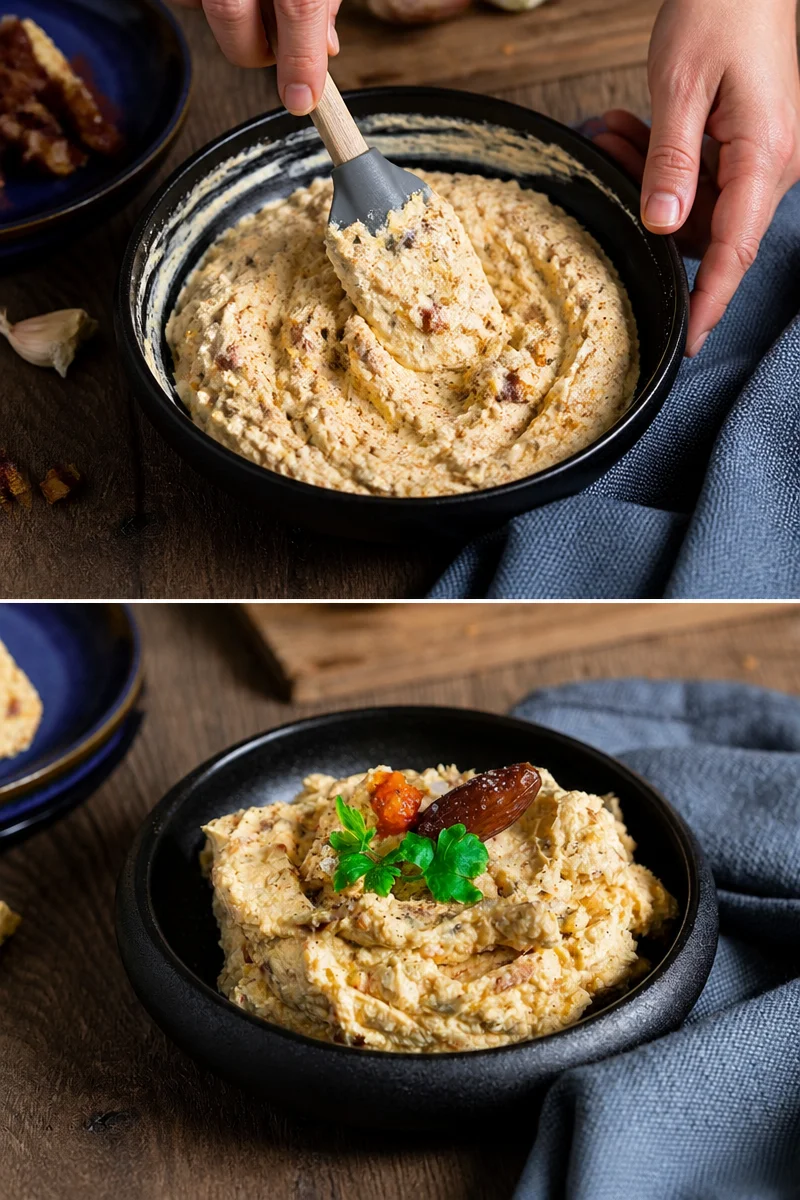 Pikanter Dattel-Frischkäse-Dip in einer Schüssel