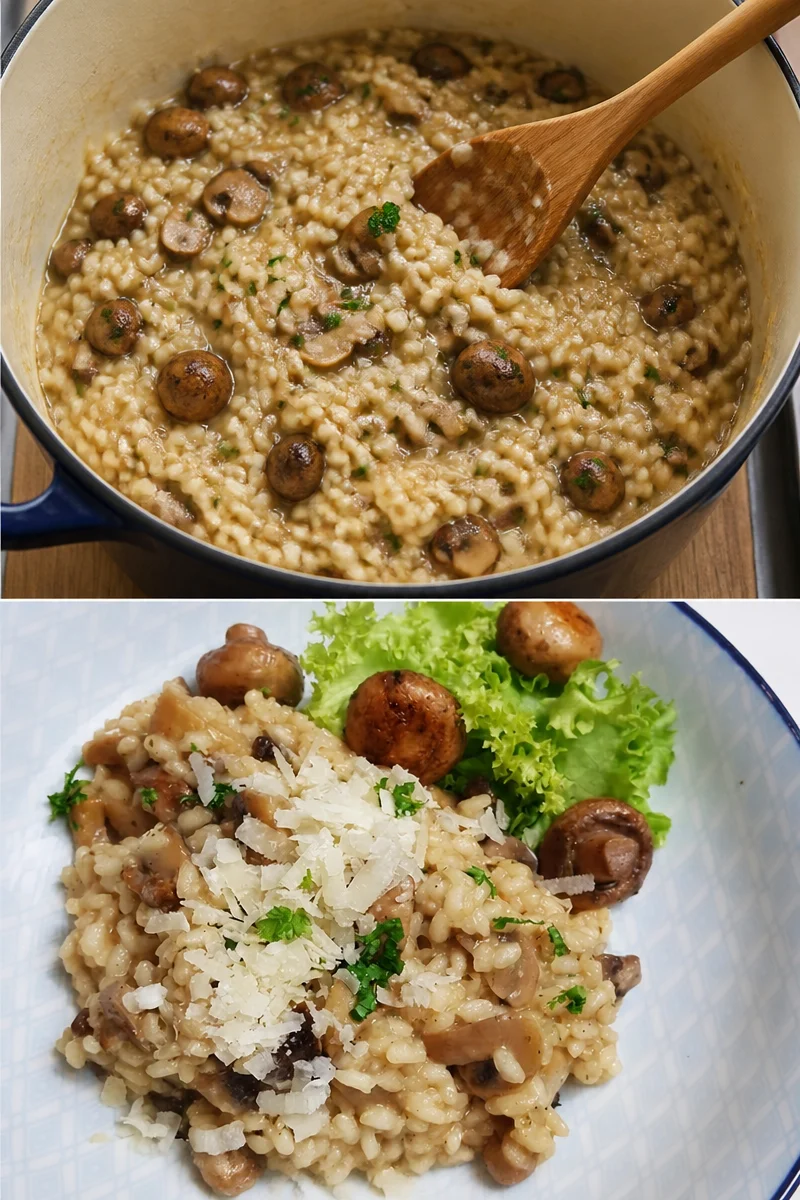 Eine Schale leckeres Pilzrisotto mit frischen Zutaten