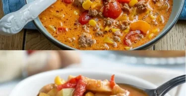 Schüssel mit Pizzasuppe, garniert mit frischem Basilikum und Käse.