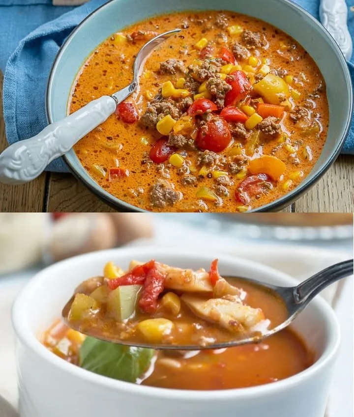 Schüssel mit Pizzasuppe, garniert mit frischem Basilikum und Käse.