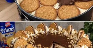 Leckere Prinzenrolle Torte mit Schokoladencreme und Keksen