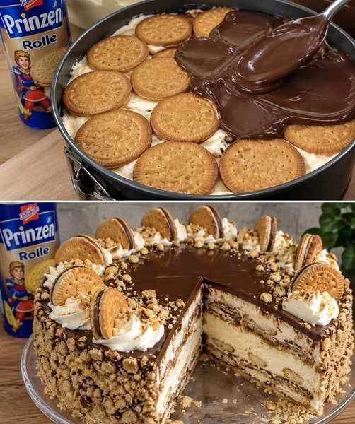 Leckere Prinzenrolle Torte mit Schokoladencreme und Keksen