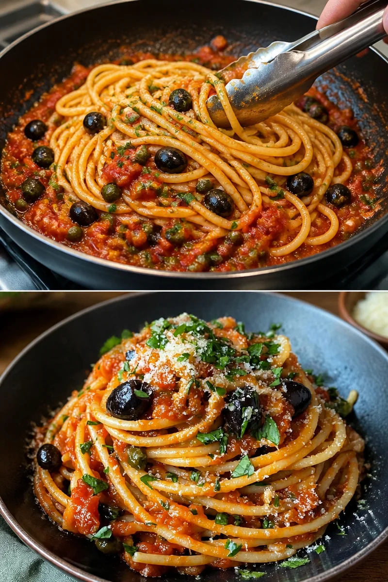 Puttanesca Pasta mit Sardellen auf einem Teller angerichtet