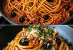 Puttanesca Pasta mit Sardellen und frischen Zutaten auf einem Teller