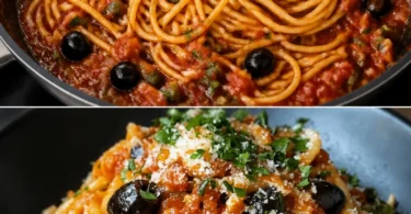 Puttanesca Pasta mit Sardellen und frischen Zutaten auf einem Teller