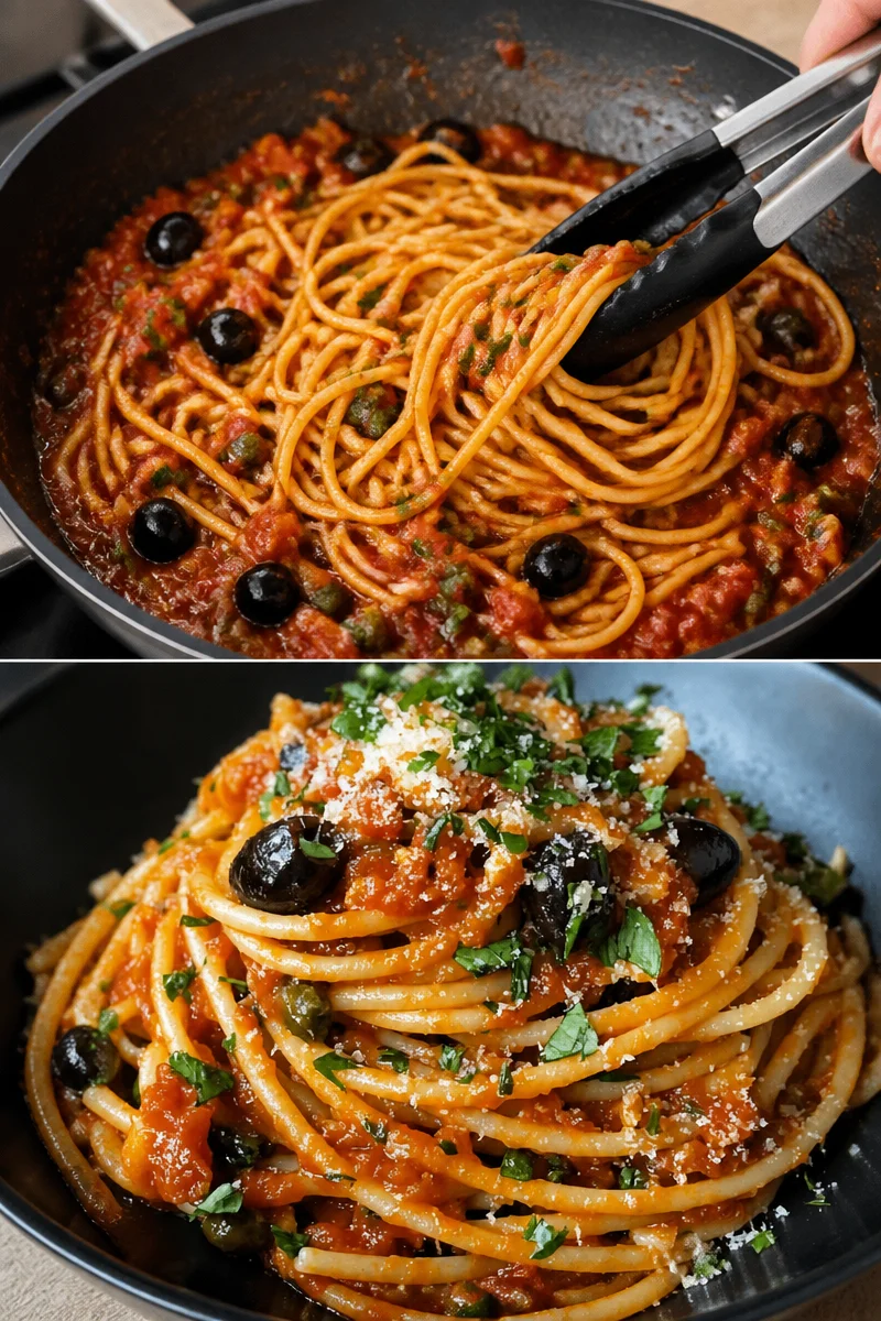 Puttanesca Pasta mit Sardellen und frischen Zutaten auf einem Teller