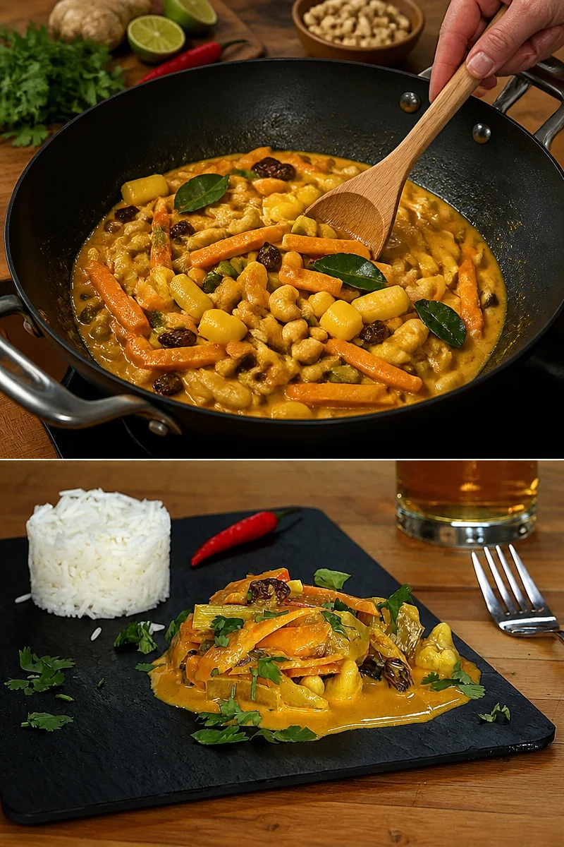 Raffiniertes Curry mit Mango, Kürbis und knusprigen Cashewkernen auf einem Teller.