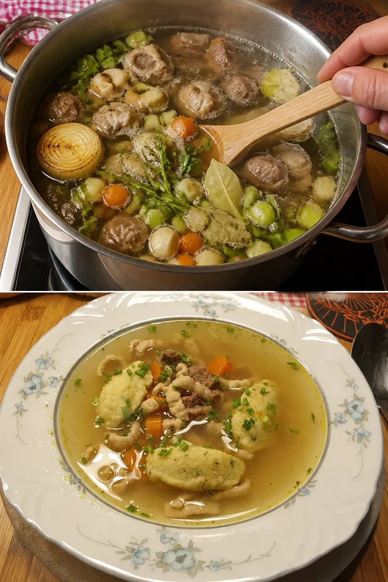 Schüsseln mit Rinderbrühe und Rinderfond auf einem Holztisch
