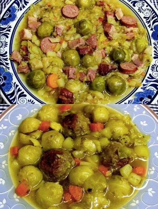 Rosenkohl Eintopf mit Rindfleisch in einer herzhaften Schüssel.