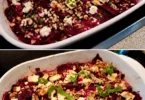 Rote Bete mit Schafskäse und Walnüssen gratiniert auf einem Teller