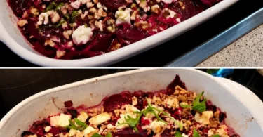 Rote Bete mit Schafskäse und Walnüssen gratiniert auf einem Teller