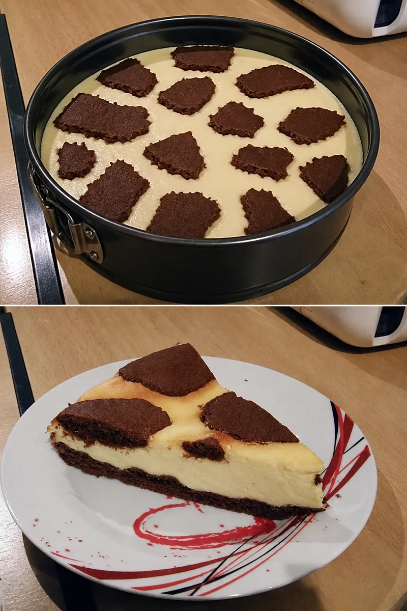 Russischer Zupfkuchen mit Schokoladenboden und Quarkfüllung.