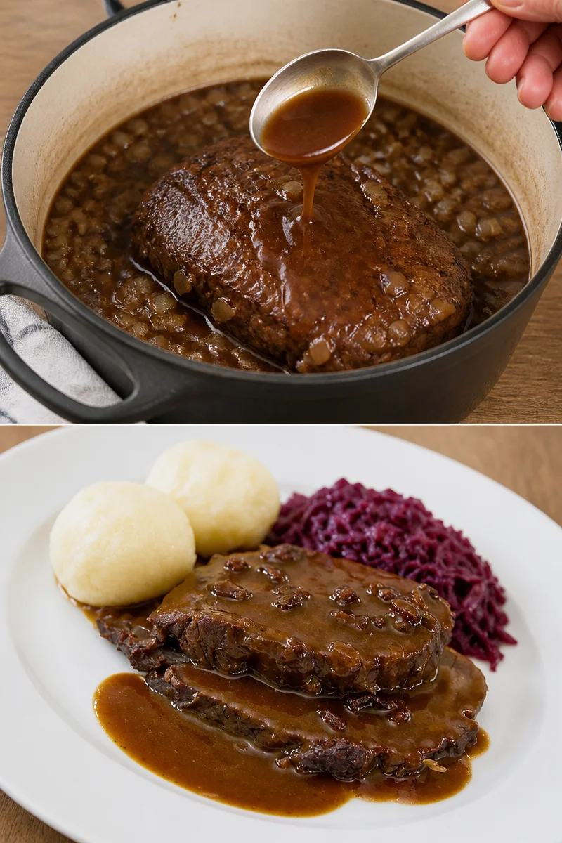 Traditioneller Sauerbraten mit Rotkohl und Kartoffelknödel auf einem Teller