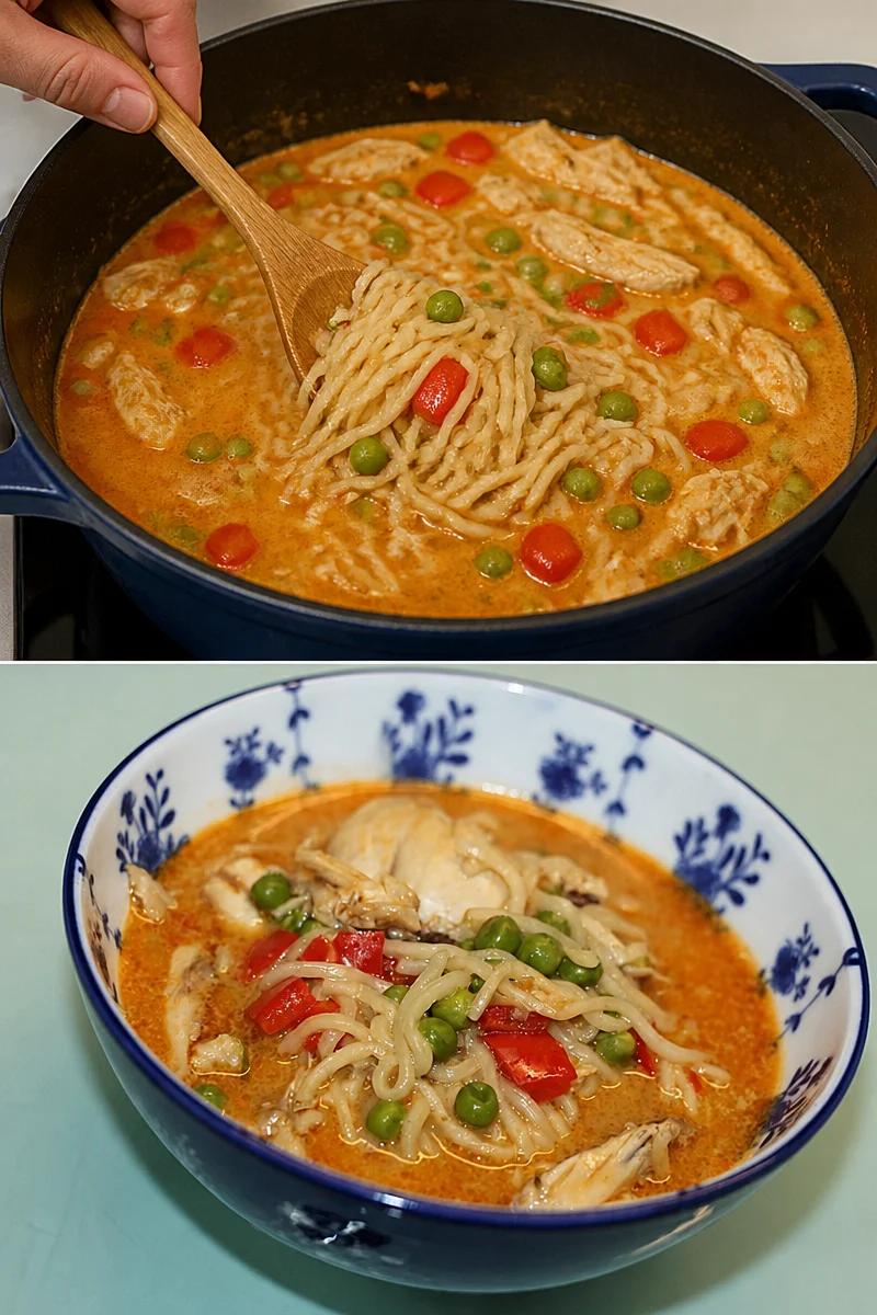 Scharfe Hühner Nudel Suppe in einer Schüssel, dampfend heiß und einladend