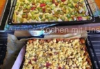 Schneller Rhabarber-Crumble-Kuchen frisch aus dem Ofen, lecker und saftig