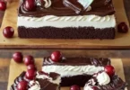 Ein Stück Schwarzwälder Kirschtorte auf einem Teller mit Kirschen und Sahne.