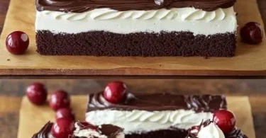 Ein Stück Schwarzwälder Kirschtorte auf einem Teller mit Kirschen und Sahne.