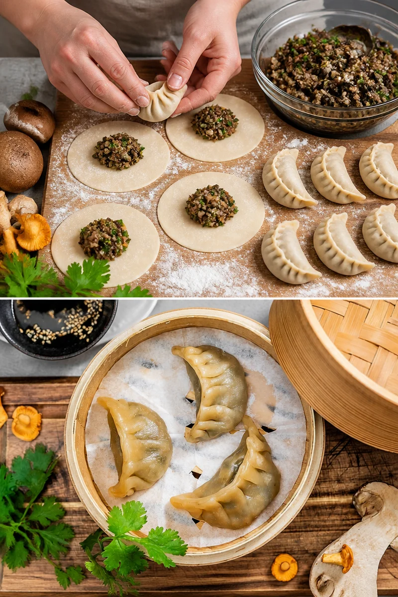 Schwarzwälder Pilz-Dim Sum mit Sojasauce serviert auf einem Teller