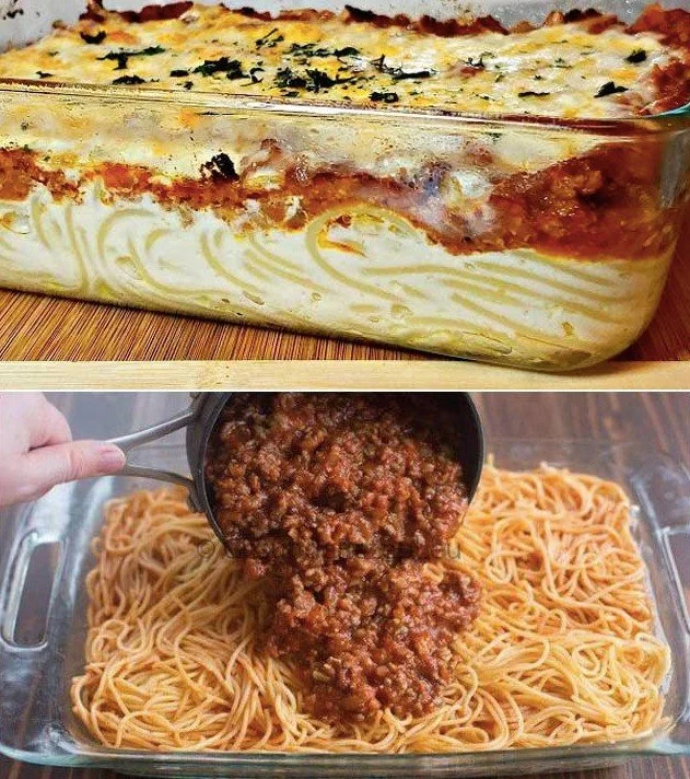 Spaghetti Auflauf mit Hackfleisch auf einem Teller serviert