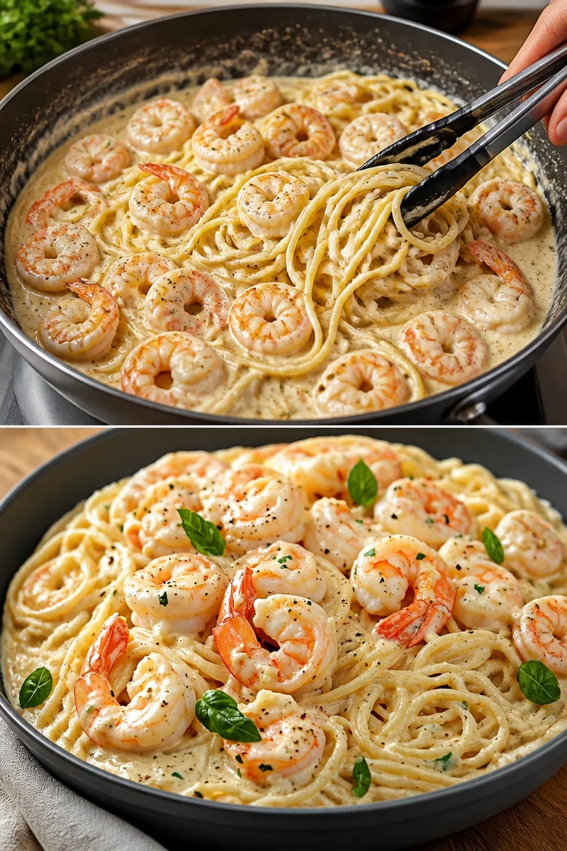 Spaghetti mit Garnelen in cremiger Frischkäse-Sauce auf einem Teller