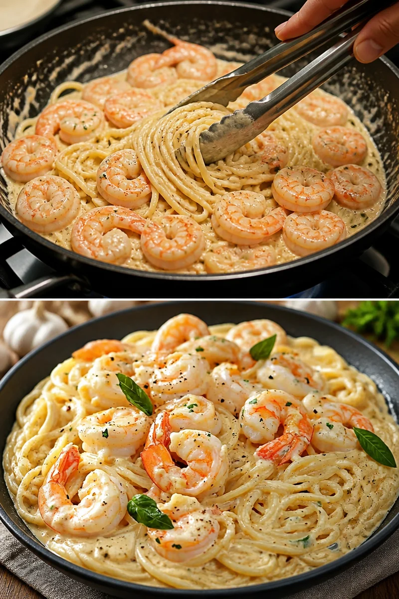 Spaghetti mit Garnelen in cremiger Frischkäse-Sauce serviert auf einem Teller