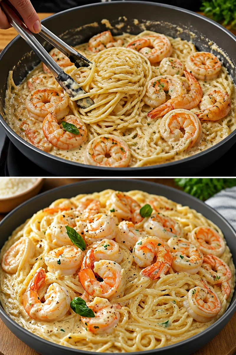 Spaghetti mit Garnelen in cremiger Frischkäse-Sauce auf einem Teller serviert.