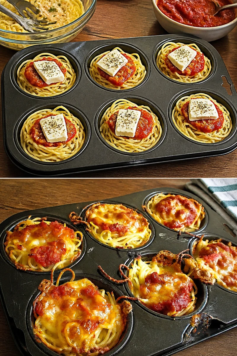 Leckere Spaghettinester aus Muffinform, perfekt für Ihre nächste Party.