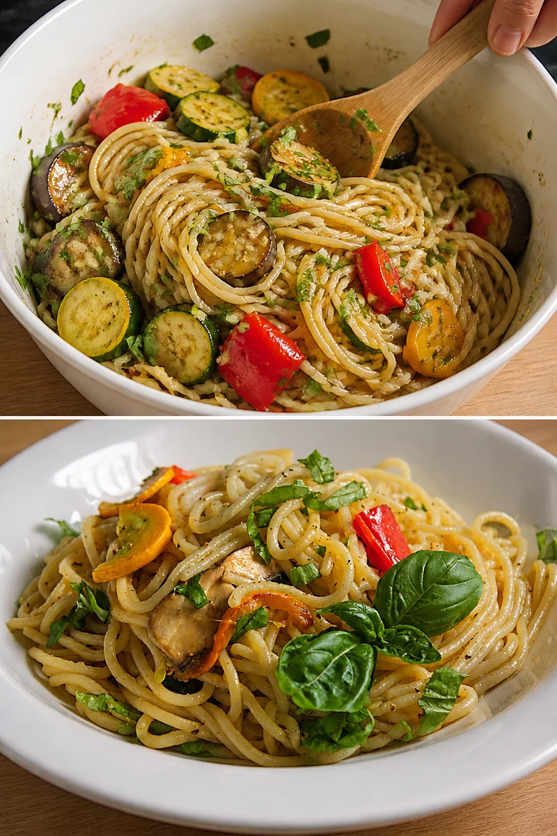 Spaghettisalat mit Grillgemüse auf einem Teller angerichtet