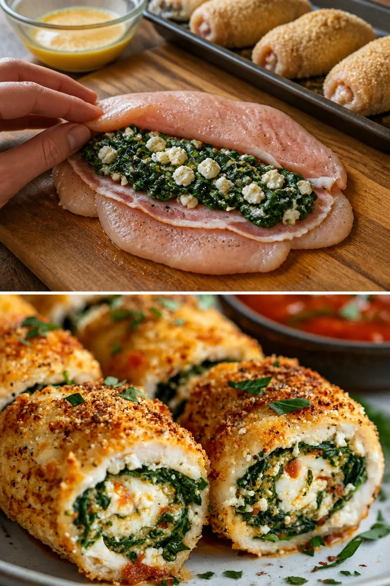 Gekochte Spinat-Feta-Hähnchenrollen auf einem Teller angerichtet