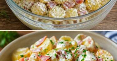 Leckerer Steakhouse Kartoffelsalat mit frischen Zutaten und Dressing.
