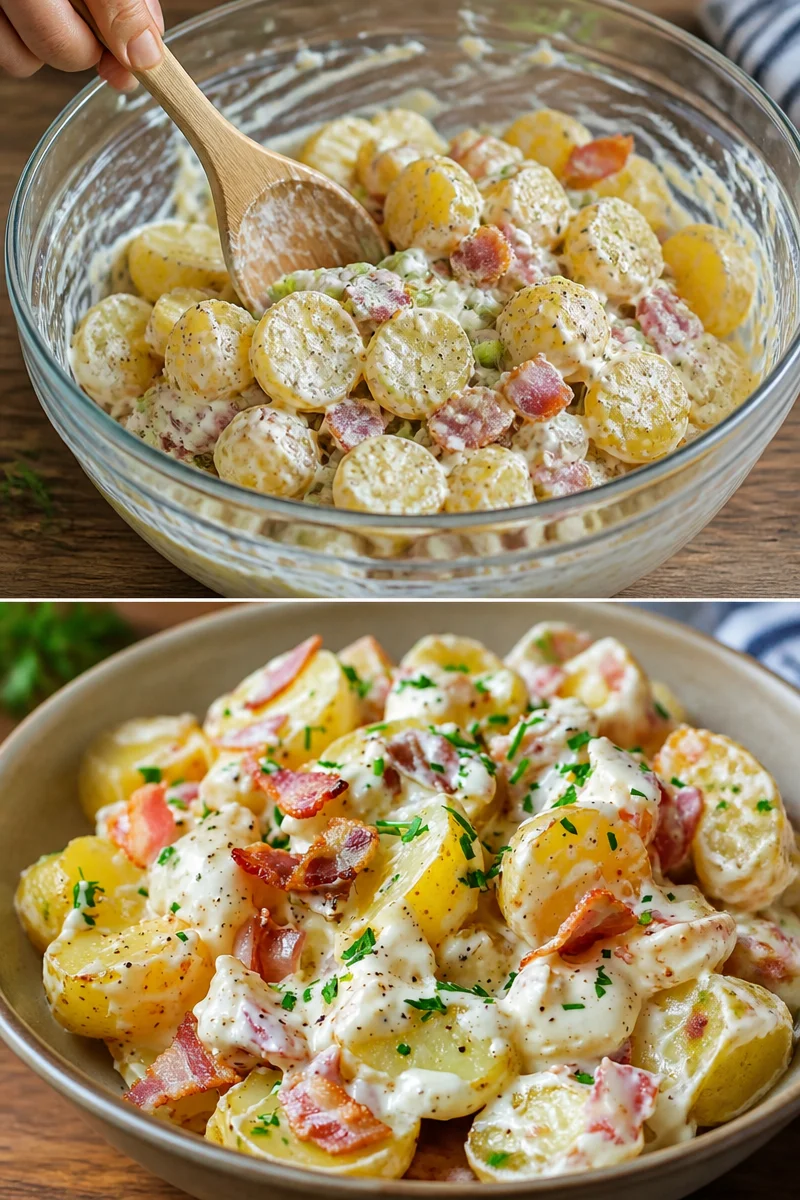 Leckerer Steakhouse Kartoffelsalat mit frischen Zutaten und Dressing.