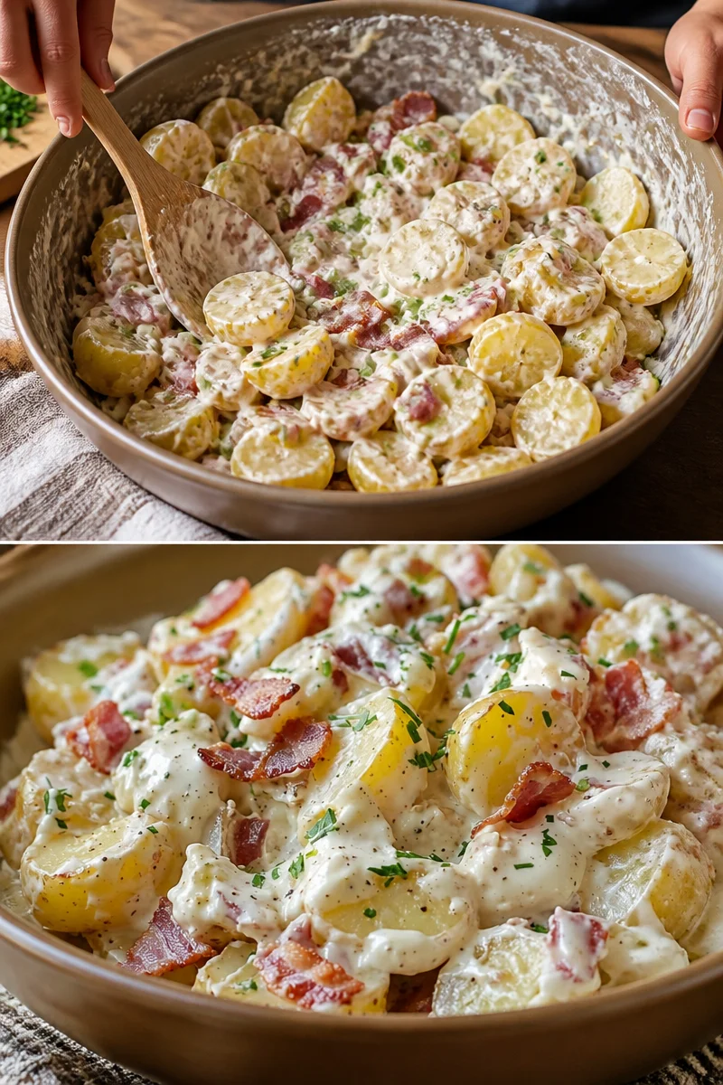 Leckerer Steakhouse Kartoffelsalat mit frischen Zutaten und Dressing