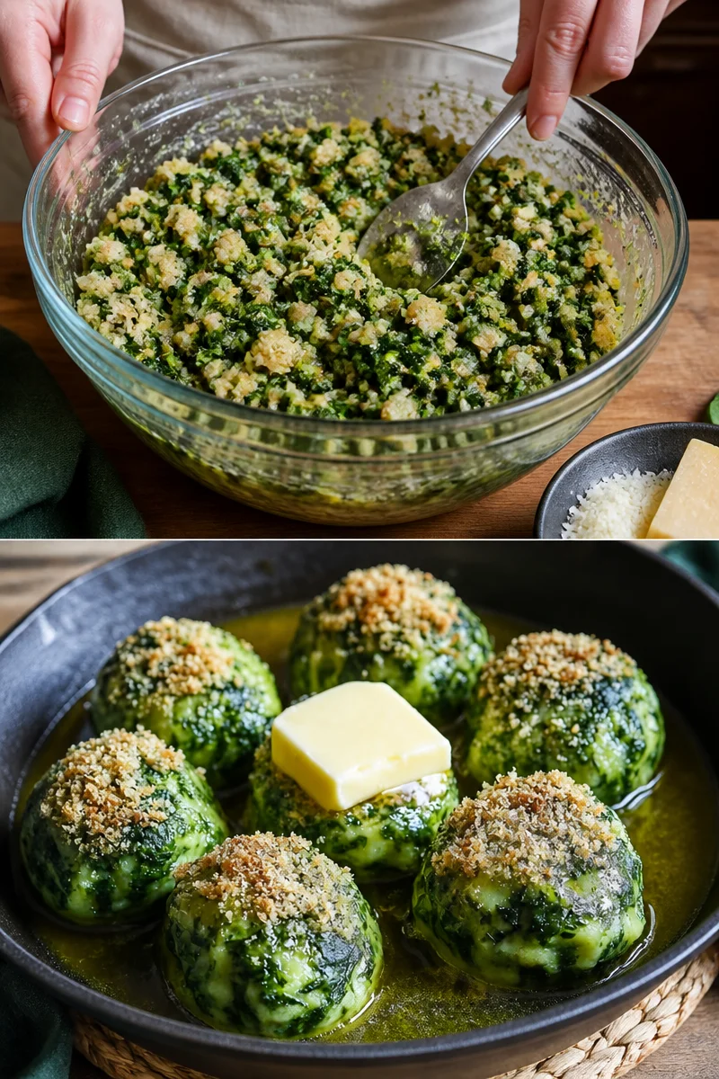 Südtiroler Spinatknödel mit Butter und Parmesan auf einem Teller