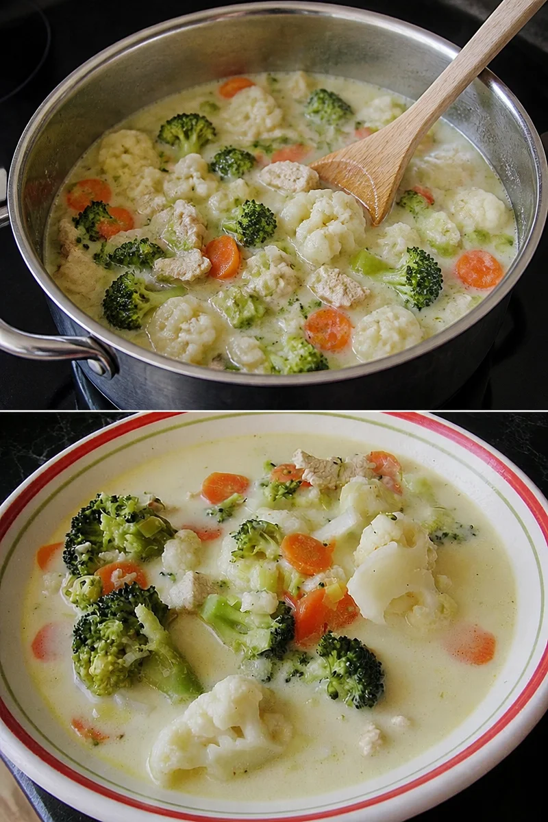 Süße Gemüsesuppe mit Putenschnitzel und Käse in einer Schüssel serviert