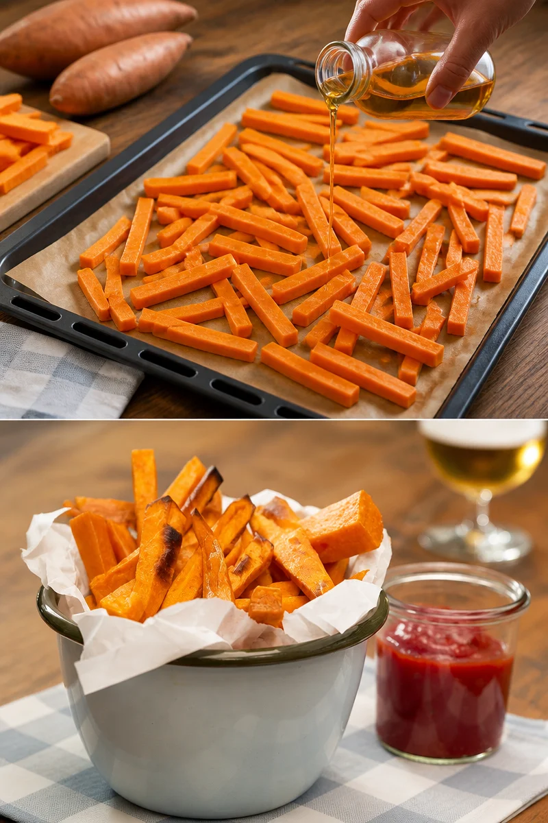 Leckere Süßkartoffel Pommes Frites auf einem Teller serviert