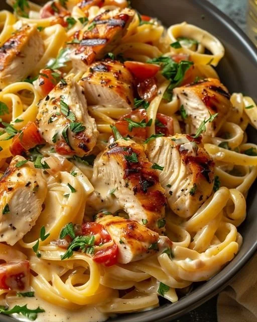 Tagliatelle mit saftigem Hähnchenbrustfilet in einer cremigen Sauce