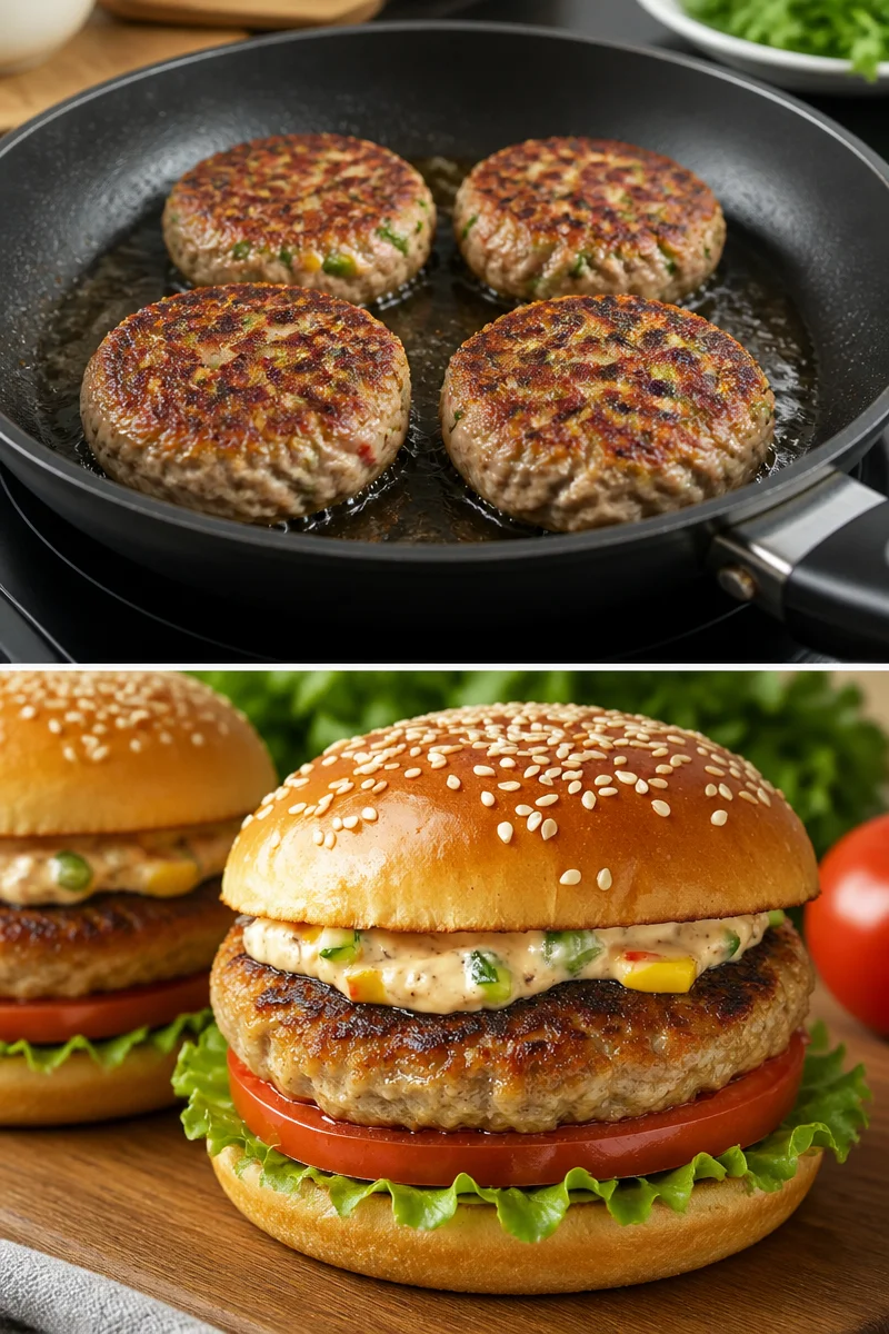 Leckere Thunfisch-Burger auf einem Grill serviert
